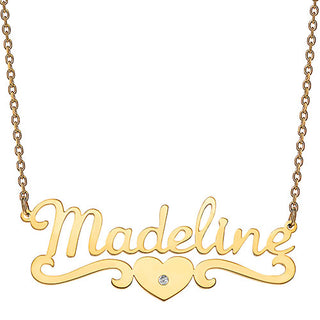 10K Yellow Gold Script Name with CZ Heart Scroll Necklace