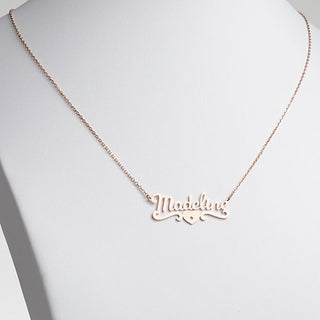 10K Rose Gold Script Name with CZ Heart Scroll Necklace