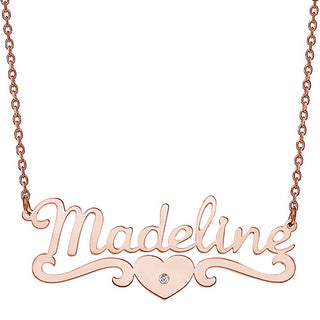 10K Rose Gold Script Name with CZ Heart Scroll Necklace