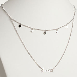 10K White Gold Layered Name Necklace with Heart Charms