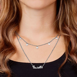 10K White Gold Layered Name Necklace with Heart Charms