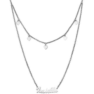 10K White Gold Layered Name Necklace with Heart Charms