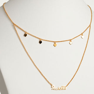 10K Yellow Gold Layered Name Necklace with Heart Charms
