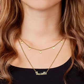 10K Yellow Gold Layered Name Necklace with Heart Charms