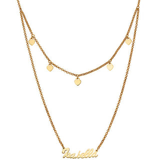 10K Yellow Gold Layered Name Necklace with Heart Charms