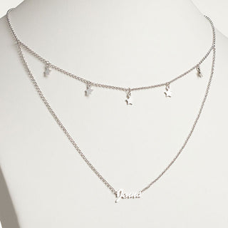 10K White Gold Layered Name Necklace with Star Charms