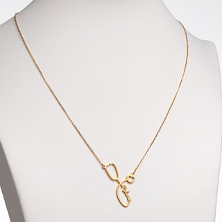 14K Gold over Sterling Script Name Stethoscope with Heart Necklace