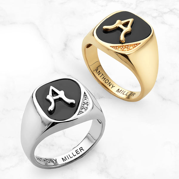 Men's Onyx Initial Ring with Diamond Accent 14k Gold Plated