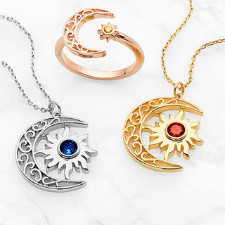 Sun and Crescent Moon with Birthstone Necklace