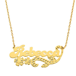 Fancy Bold Script Name Necklace with Diamond Cut Floral Swirl