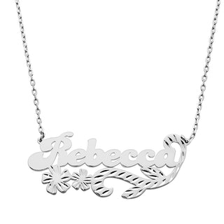 Fancy Bold Script Name Necklace with Diamond Cut Floral Swirl