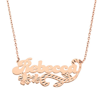 Fancy Bold Script Name Necklace with Diamond Cut Floral Swirl