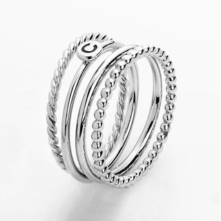 Silver Dainty Initial Textured Ring Stack - Set of 4