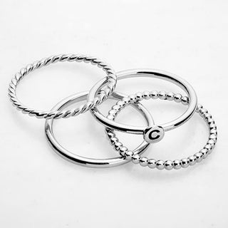 Silver Dainty Initial Textured Ring Stack - Set of 4