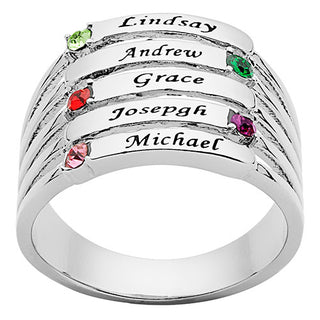 Silver Plated Engraved Name and Birthstone Faux Stack Ring