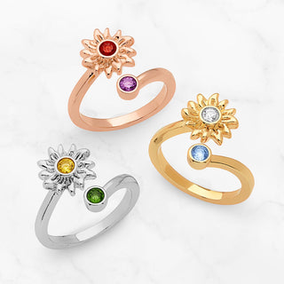 14K Rose Gold Plated Sunflower with Birthstone Bypass Ring