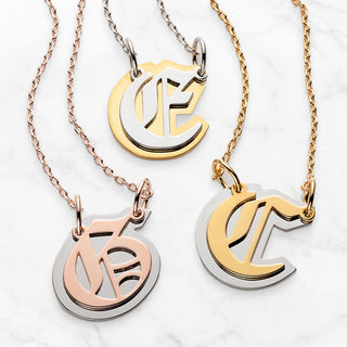 Two-Tone Initial on Mirrored Reflective Plaque Necklace