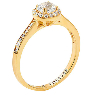 14K Gold over Sterling Halo White Topaz Solitaire Engraved Engagement Ring
