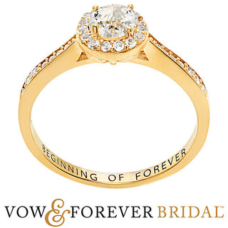 14K Gold over Sterling Halo White Topaz Solitaire Engraved Engagement Ring