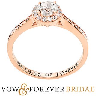 14K Rose Gold over Sterling Halo White Topaz Solitaire Engraved Engagement Ring