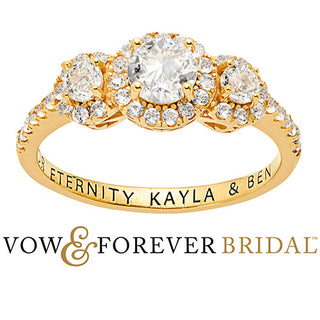 14K Gold over Sterling Halo 3-Stone White Topaz Engraved Engagement Ring