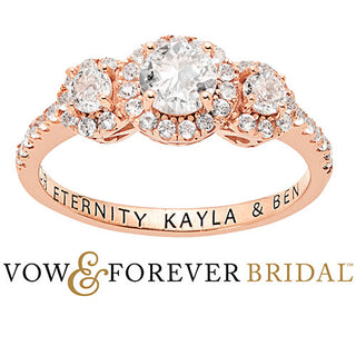 14K Rose Gold over Sterling Halo 3-Stone White Topaz Engraved Engagement Ring