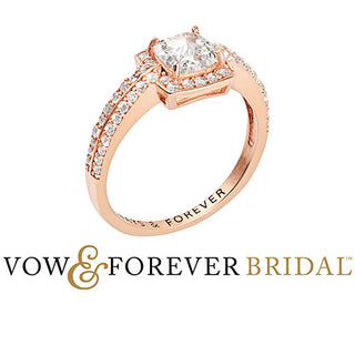 14K Rose Gold over Sterling Halo Square White Topaz Solitaire Engraved Engagement Ring