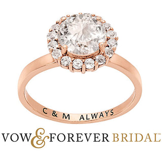 14K Rose Gold over Sterling Halo White Topaz Solitaire Engraved Engagement Ring