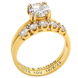 14K Gold over Sterling  Round White Topaz 2-Piece Engraved Wedding Ring Set