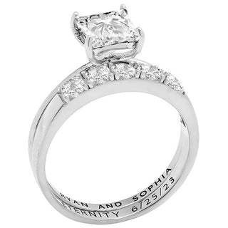 Platinum over Sterling  Square White Topaz 2-Piece Engraved Wedding Ring Set