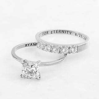 Platinum over Sterling  Square White Topaz 2-Piece Engraved Wedding Ring Set