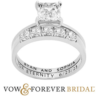 Platinum over Sterling  Square White Topaz 2-Piece Engraved Wedding Ring Set