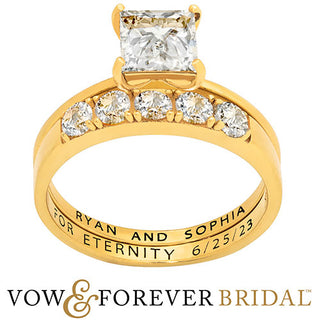 14K Gold over Sterling  Square White Topaz 2-Piece Engraved Wedding Ring Set