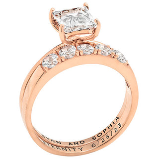 14K Rose Gold over Sterling  Square White Topaz 2-Piece Engraved Wedding Ring Set