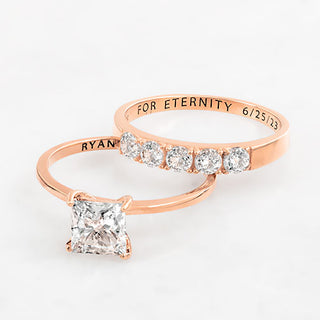 14K Rose Gold over Sterling  Square White Topaz 2-Piece Engraved Wedding Ring Set