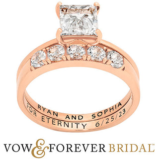 14K Rose Gold over Sterling  Square White Topaz 2-Piece Engraved Wedding Ring Set