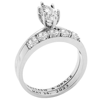 Platinum over Sterling  Marquise White Topaz 2-Piece Engraved Wedding Ring Set