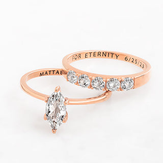 14K Rose Gold over Sterling  Marquise White Topaz 2-Piece Engraved Wedding Ring Set