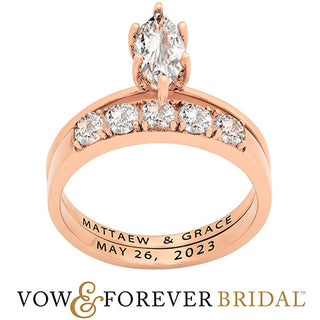 14K Rose Gold over Sterling  Marquise White Topaz 2-Piece Engraved Wedding Ring Set