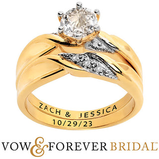 14K Gold over Sterling Round White Topaz Diamond Accent 2-Piece Engraved Wedding Ring Set