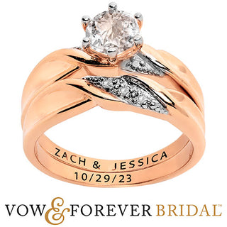 14K Rose Gold over Sterling Round White Topaz Diamond Accent 2-Piece Engraved Wedding Ring Set