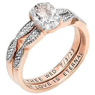 14K Rose Gold over Sterling Oval White Topaz Diamond Accent 2-Piece Engraved Wedding Ring Set