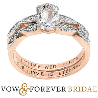14K Rose Gold over Sterling Oval White Topaz Diamond Accent 2-Piece Engraved Wedding Ring Set