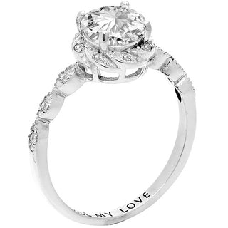 Platinum over Sterling White Topaz with Halo Diamond Accent Engraved Engagement Ring