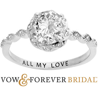 Platinum over Sterling White Topaz with Halo Diamond Accent Engraved Engagement Ring