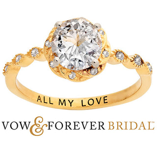 14K Gold over Sterling White Topaz with Halo Diamond Accent Engraved Engagement Ring