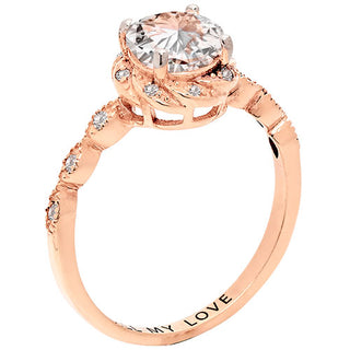 14K Rose Gold over Sterling White Topaz with Halo Diamond Accent Engraved Engagement Ring