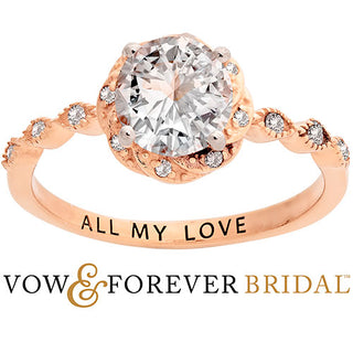 14K Rose Gold over Sterling White Topaz with Halo Diamond Accent Engraved Engagement Ring