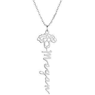 Vertical Script Name with Birthmonth Flower Necklace