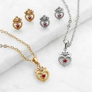 Crown Heart Birthstone and Diamond Necklace and Earring Set